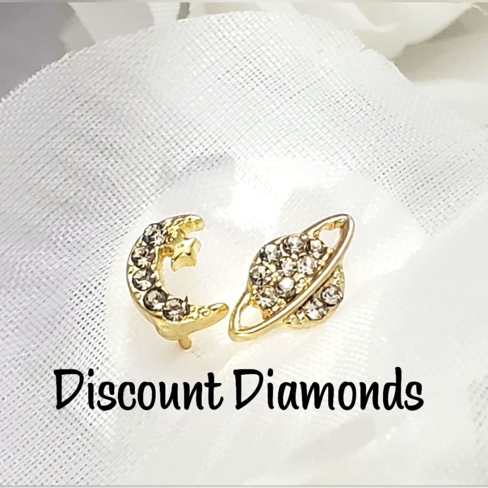 Star and Moon Baguette Diamonds 14K Gold Platingon 925 Silver Stud Back Earrings